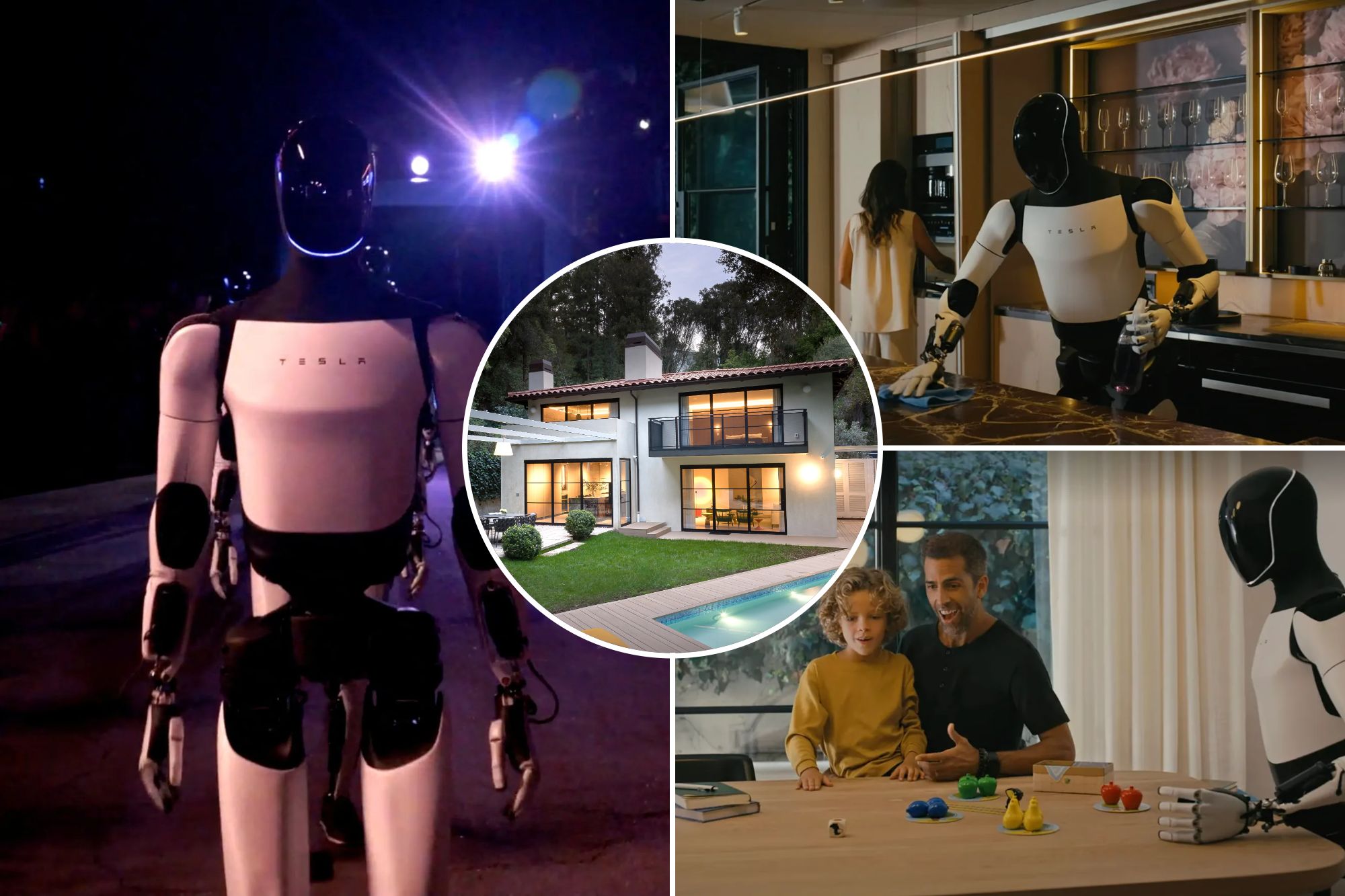 Tesla's humanoid robot showcased at luxury Los Angeles mansion in exclusive video debut.