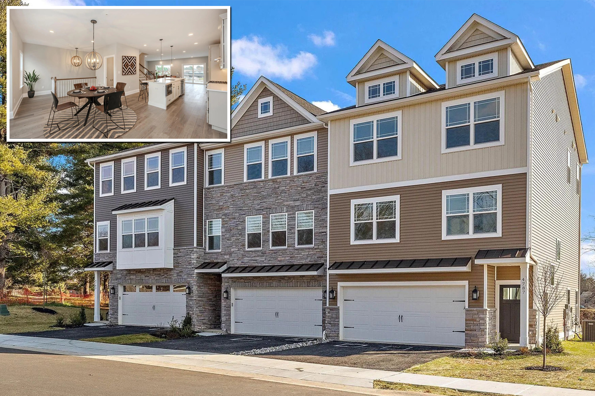 Townhouse community in suburban America with residents enjoying outdoor spaces and amenities.