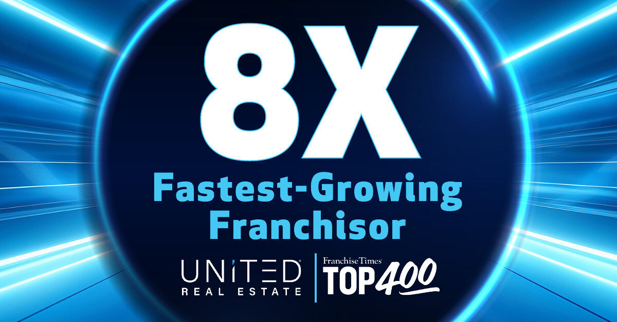 United Real Estate logo with agents celebrating eighth consecutive top franchise ranking.