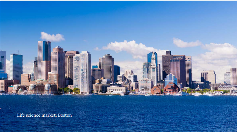 Boston skyline with biotech buildings, followed by San Francisco's life sciences hub.