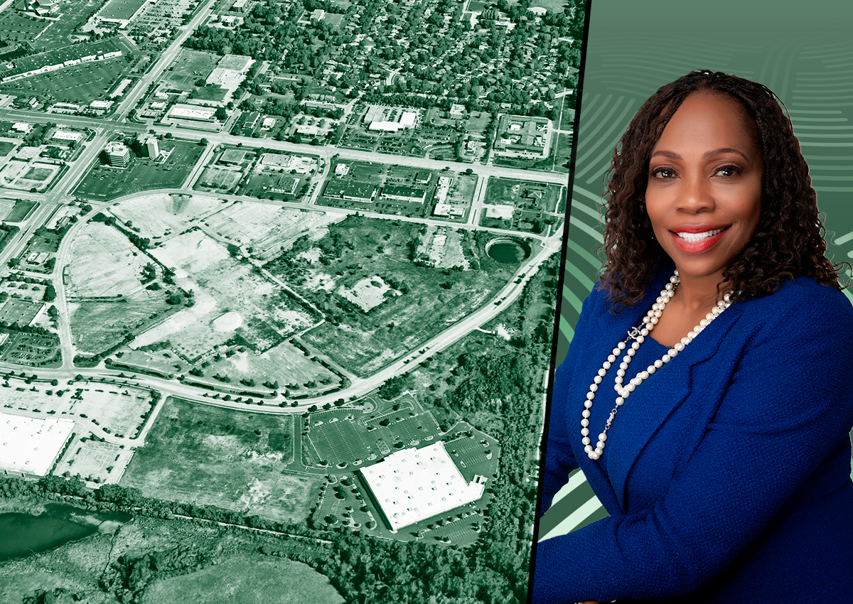 Matteson CEO stands in front of Lincoln Mall, Illinois, with construction equipment nearby.