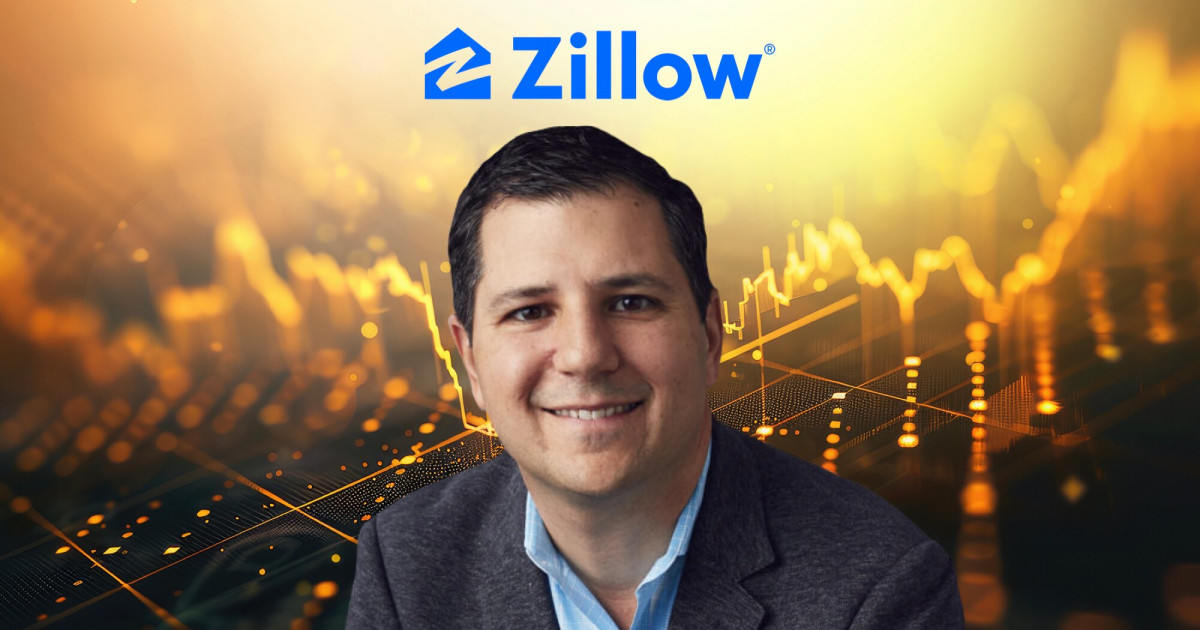 Zillow CEO addresses investors at Seattle headquarters with financial data charts.