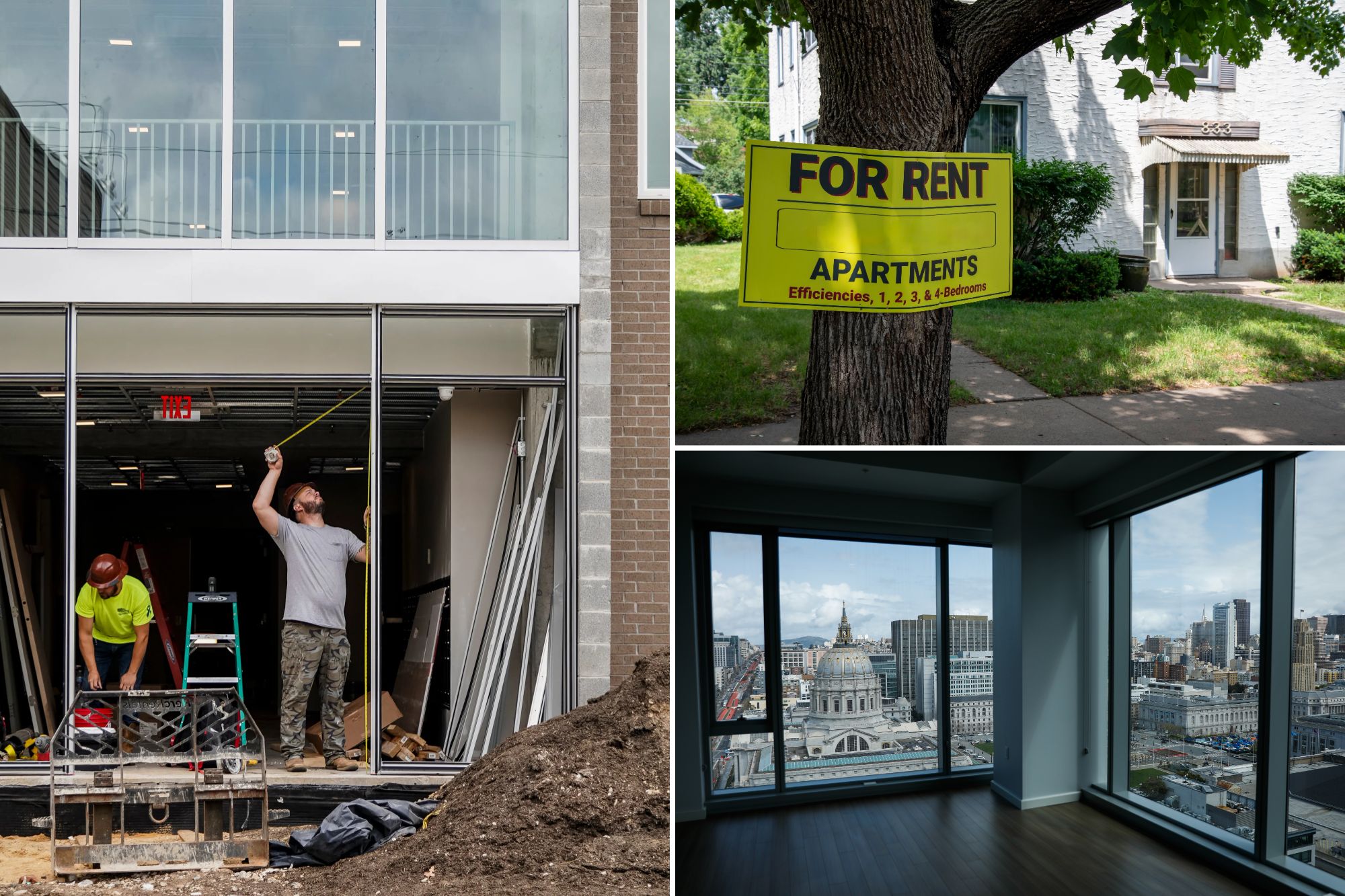 Urban apartment buildings with rising rent signs amidst construction boom backdrop.