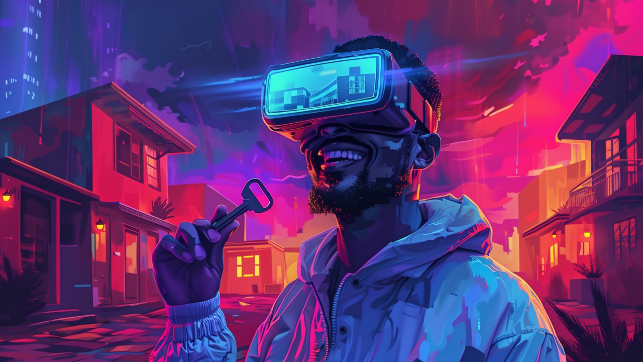 Image: Virtual reality headset with digital cityscape and real estate icons.