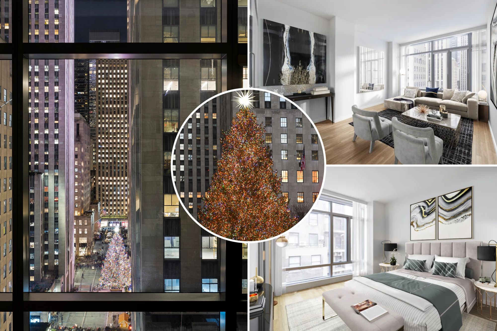 NYC condo with view of iconic holiday landmark, likely Rockefeller Center.