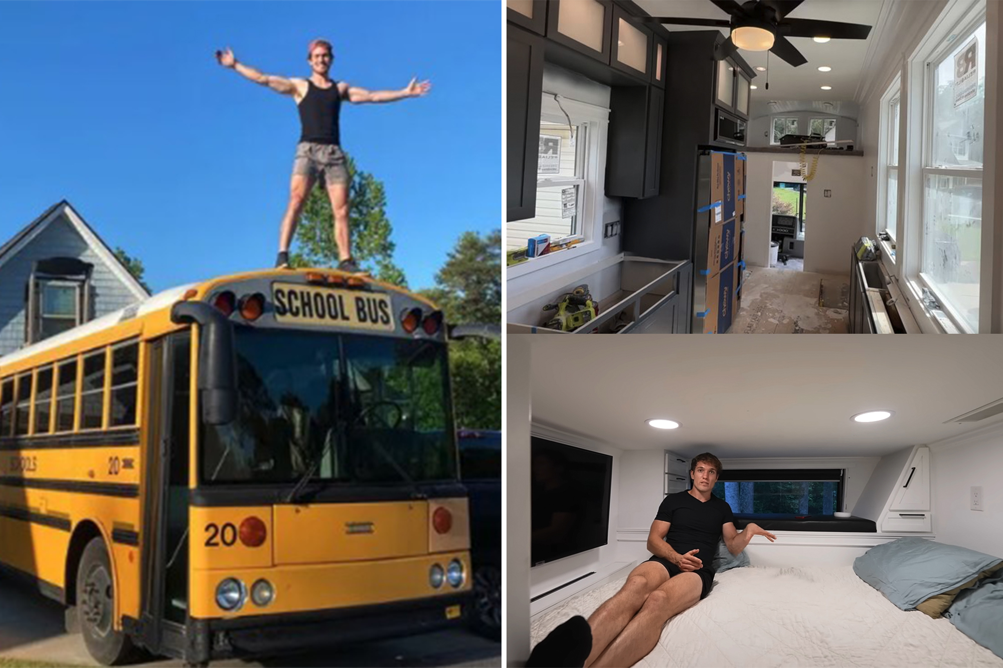 YouTuber converts school bus into two-story home to escape rent costs.