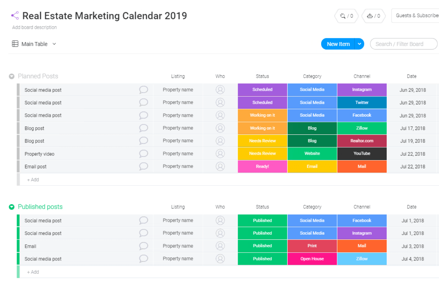 Real estate marketing calendar with key dates and events for listings.