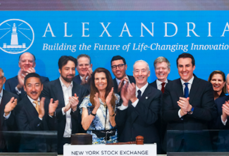 Alexandria Realty logo on blue background, $500 million share repurchase plan.