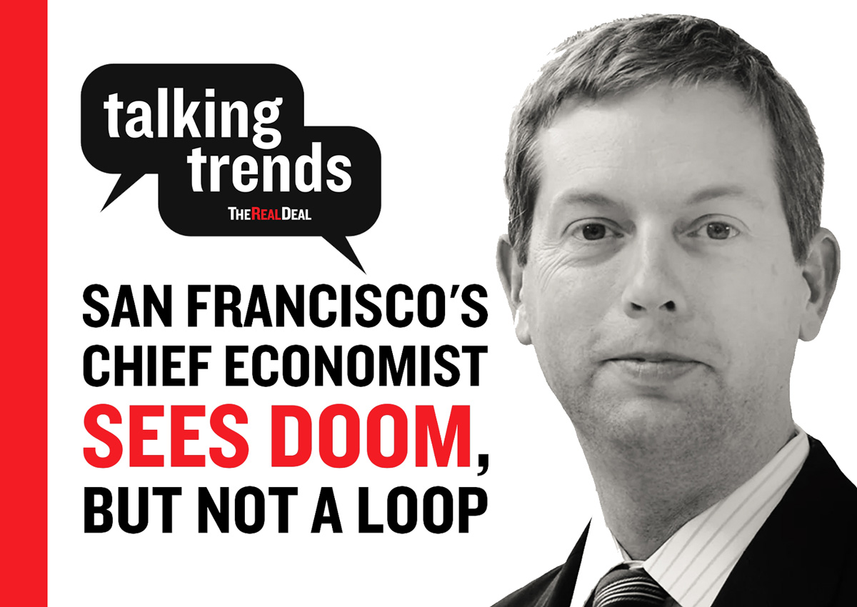 San Francisco economic forecast: grim prediction amidst city skyline and financial charts.