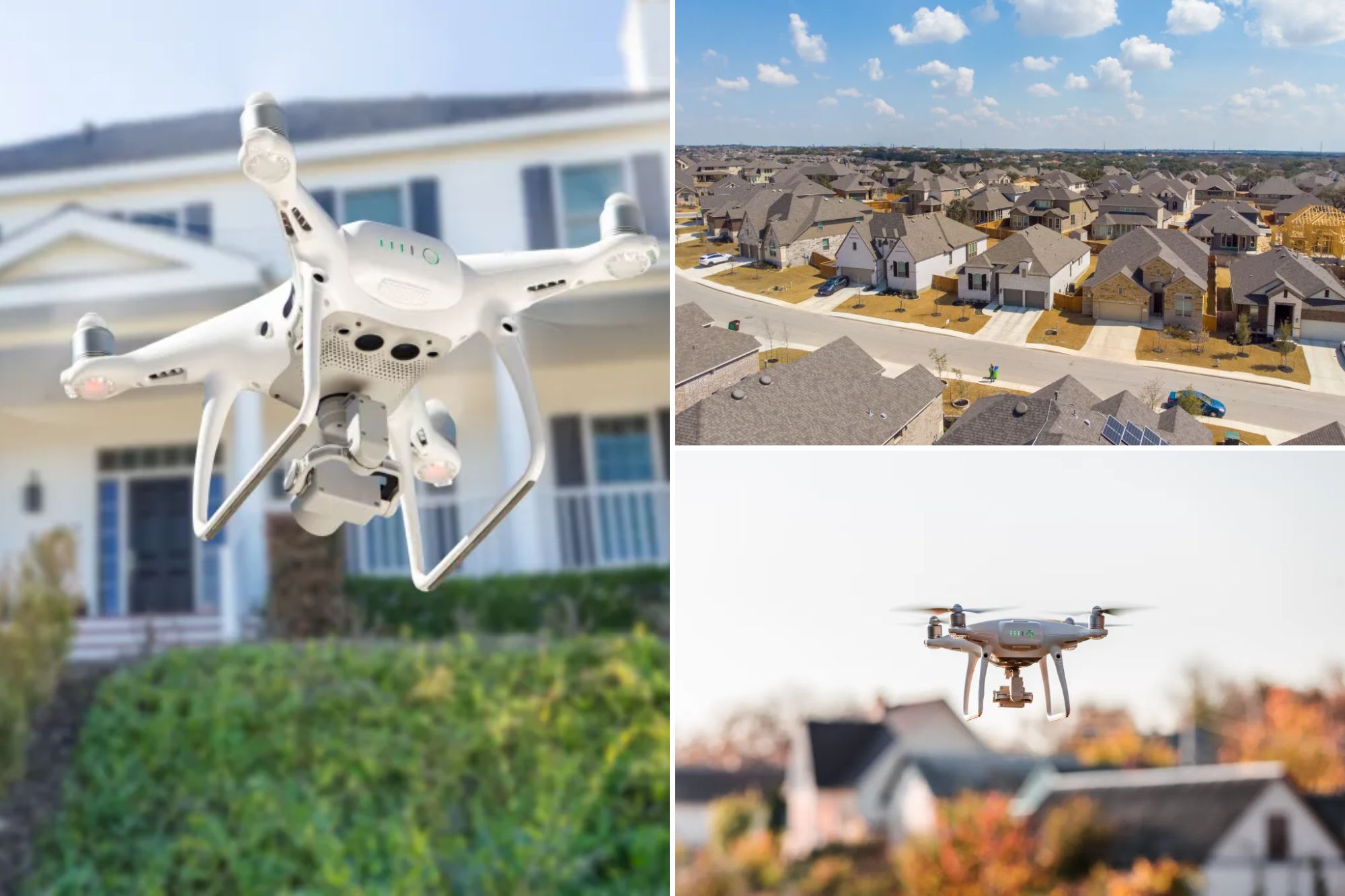 Drone surveillance system in suburban neighborhood with rising house insurance premiums.