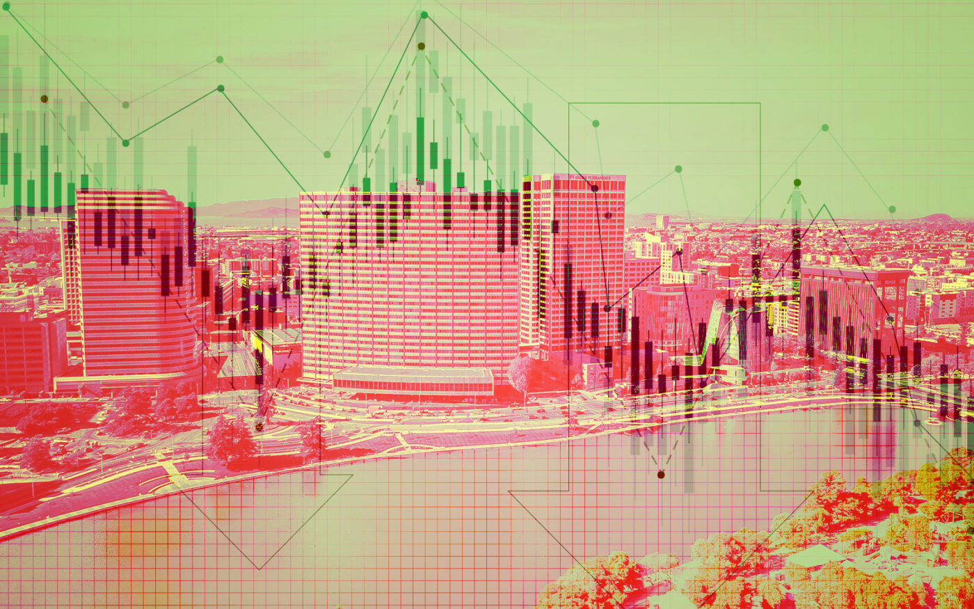 Oakland skyline with decreased housing prices indicator, 9% rent decline sign.