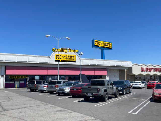 Victorville grocery store exterior with new signage, California desert landscape background.