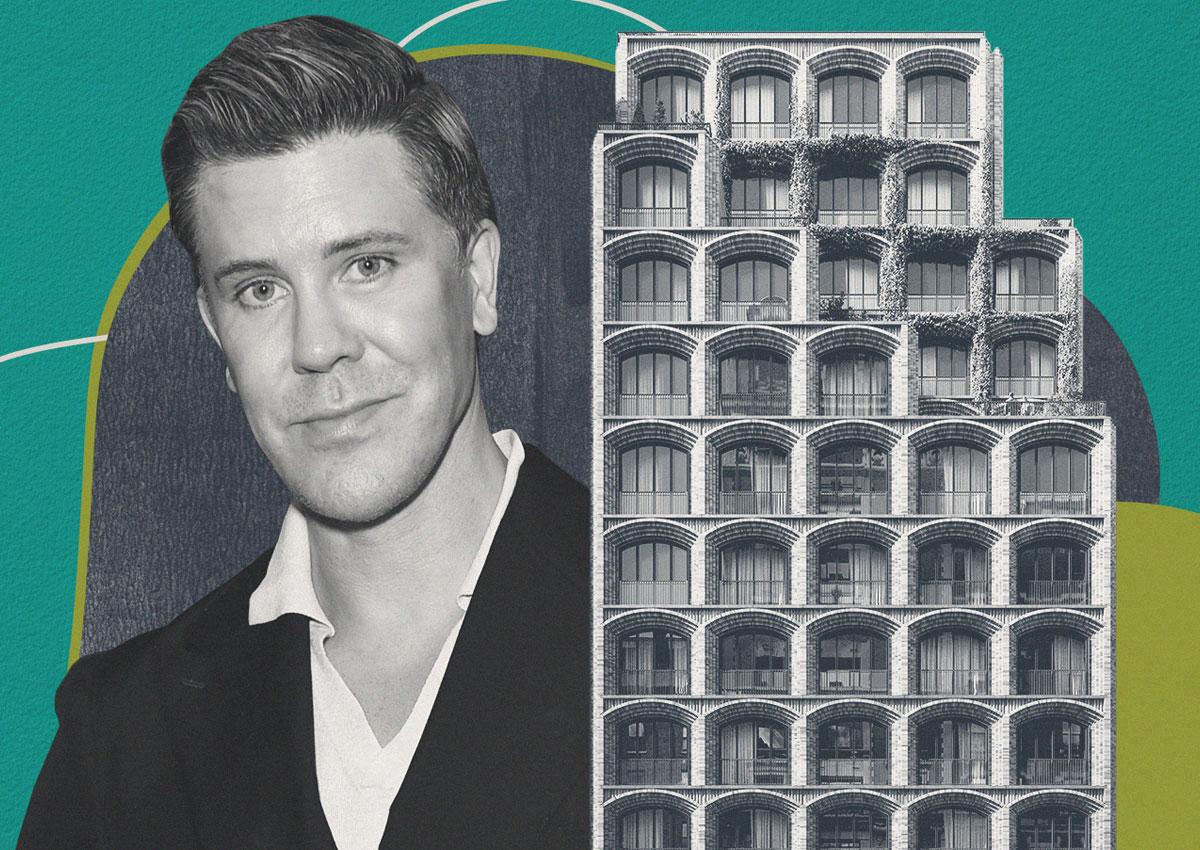 Fredrik Eklund stands in front of a luxurious penthouse condo in NYC's Greenwich Village.