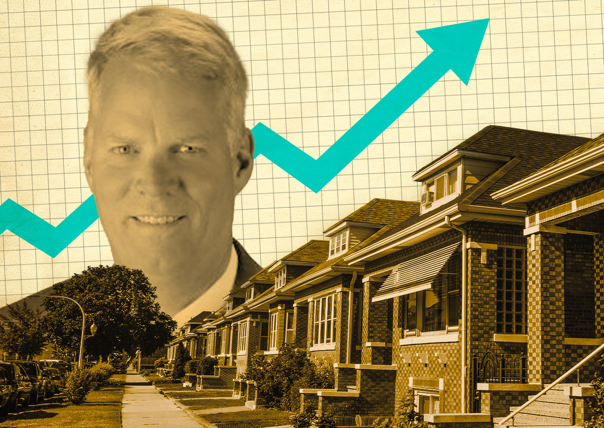 Housing market graph with rising trend lines amidst urban cityscape backdrop.