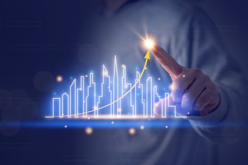 Lawyers analyzing property market trends in a conference room with cityscape background.