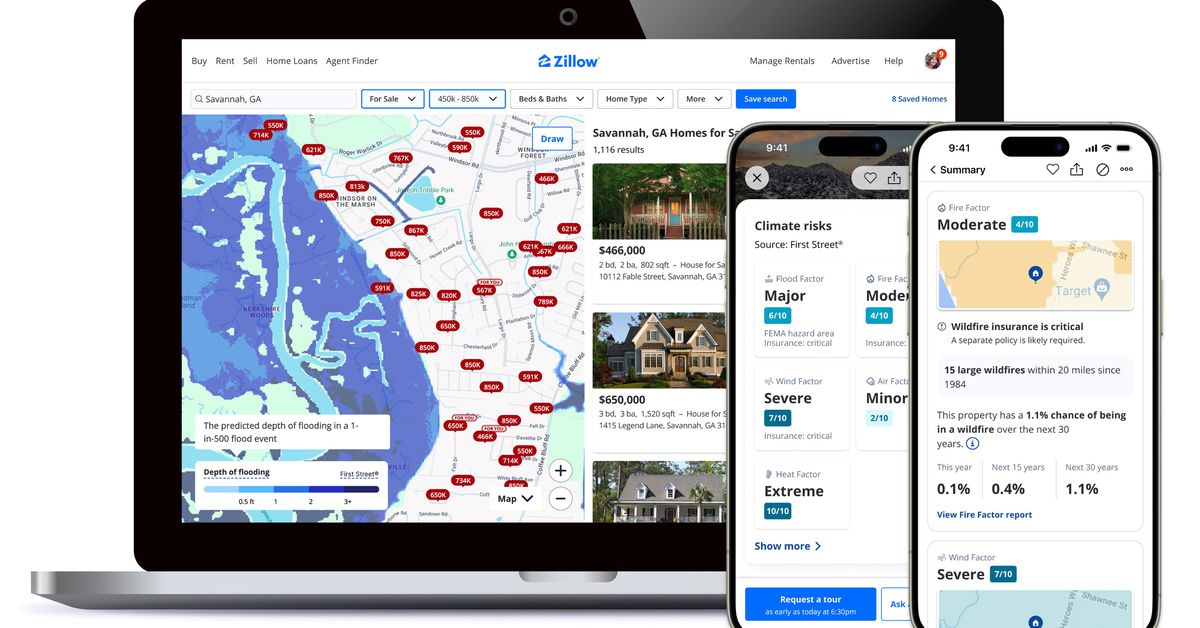 US property listings with climate risk data displayed on Zillow website.