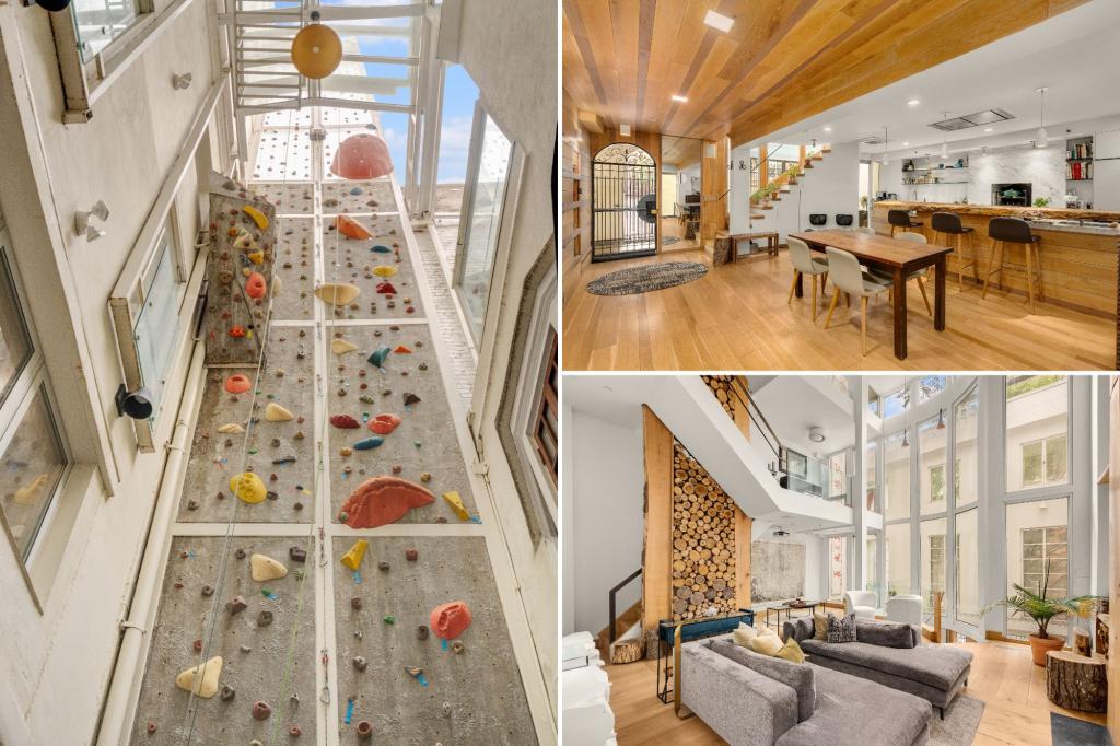 Upper East Side Manhattan mansion features massive indoor rock climbing wall installation.