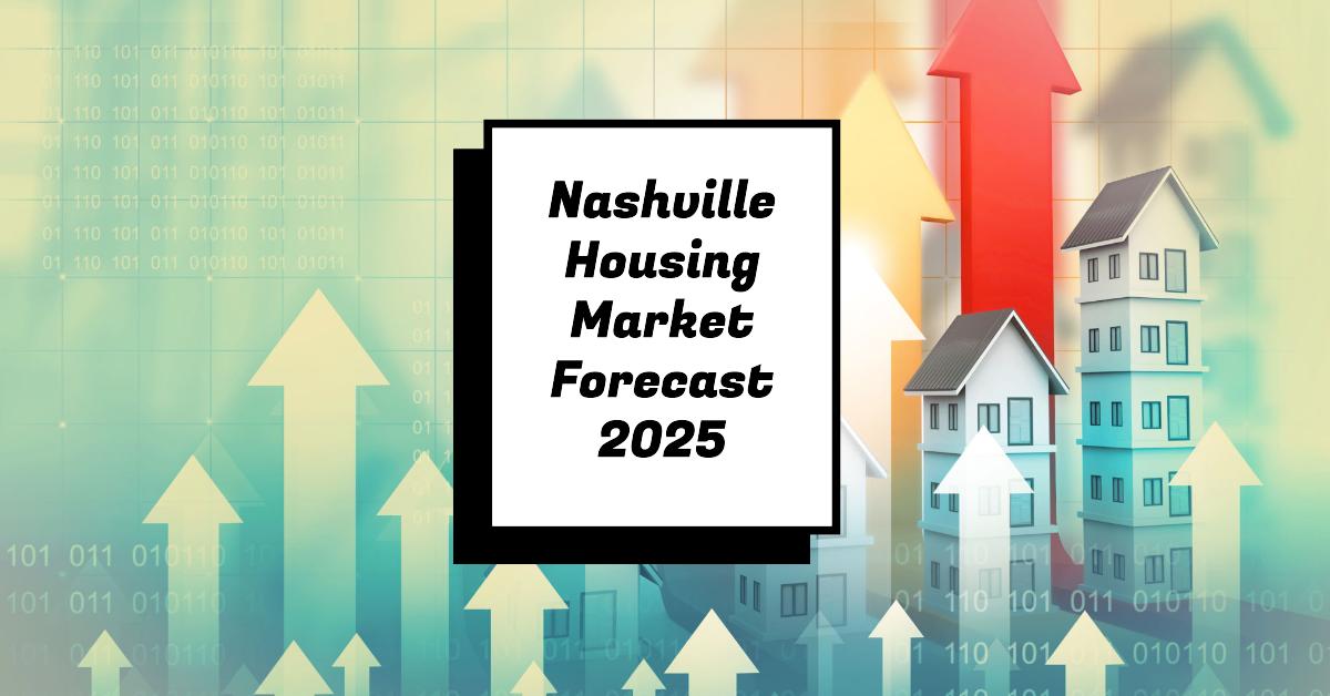 Nashville housing market trends forecast with graph and cityscape background.