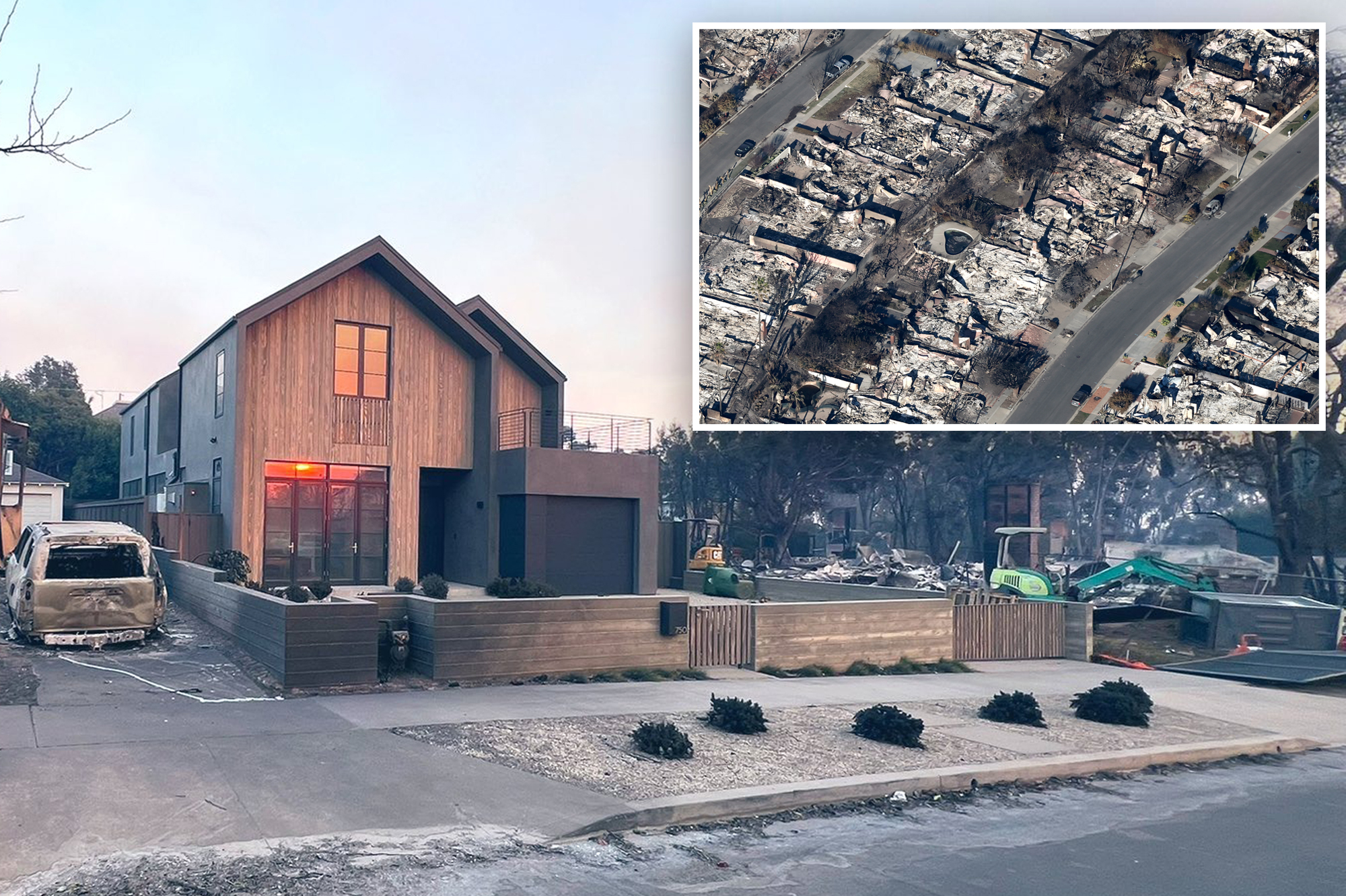 LA resident stands in front of a resilient passive house after wildfire.