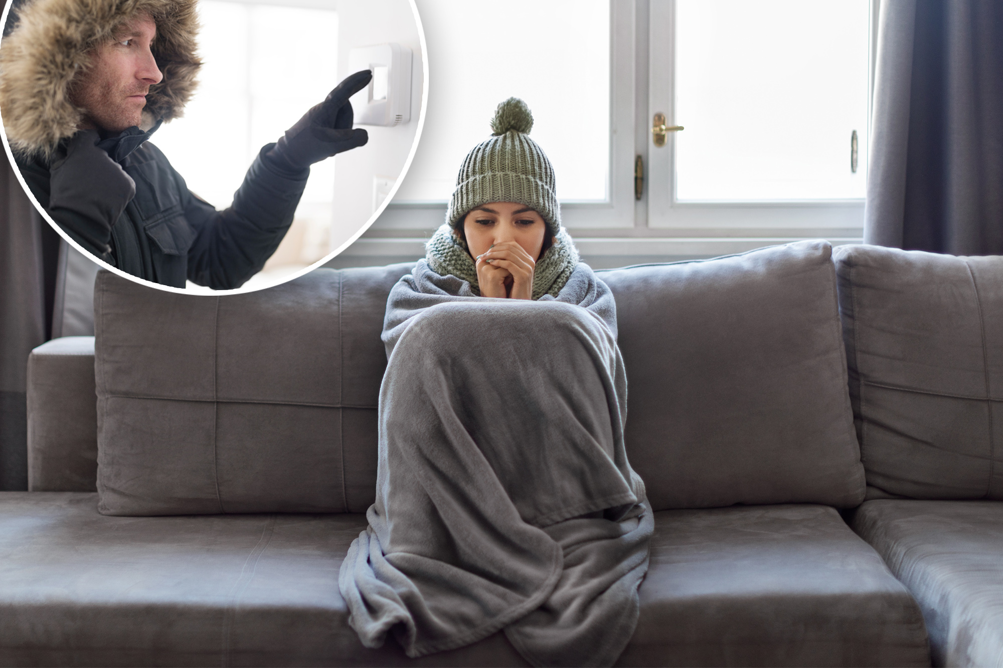 Homeowner inspects drafty room, considers cost-effective solutions to reduce heating expenses.