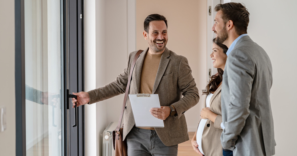 Real estate agents working in offices, with laptops and clients in meetings.