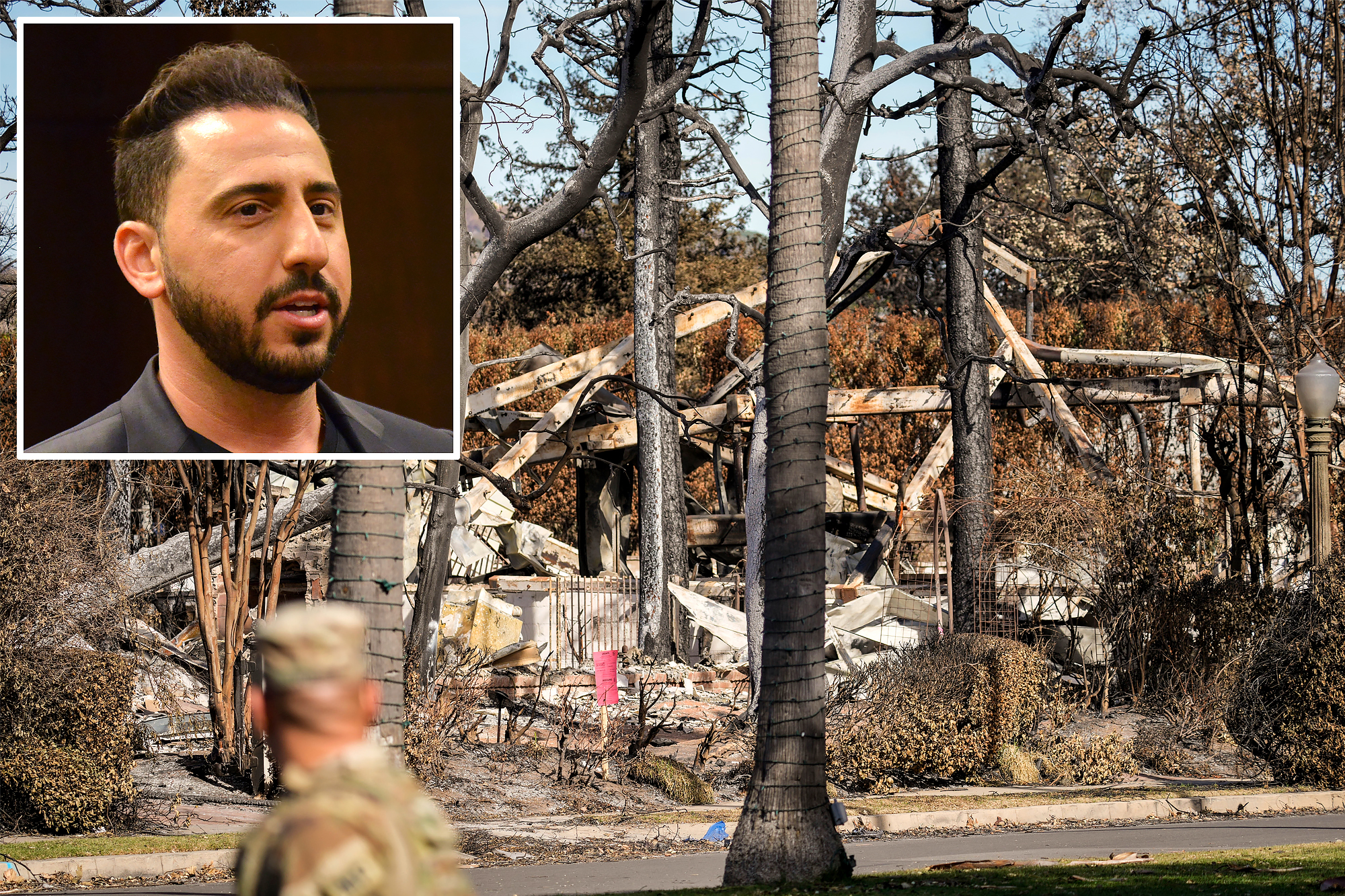 California wildfire survivors standing amidst charred landscape, uncertain about their futures ahead.