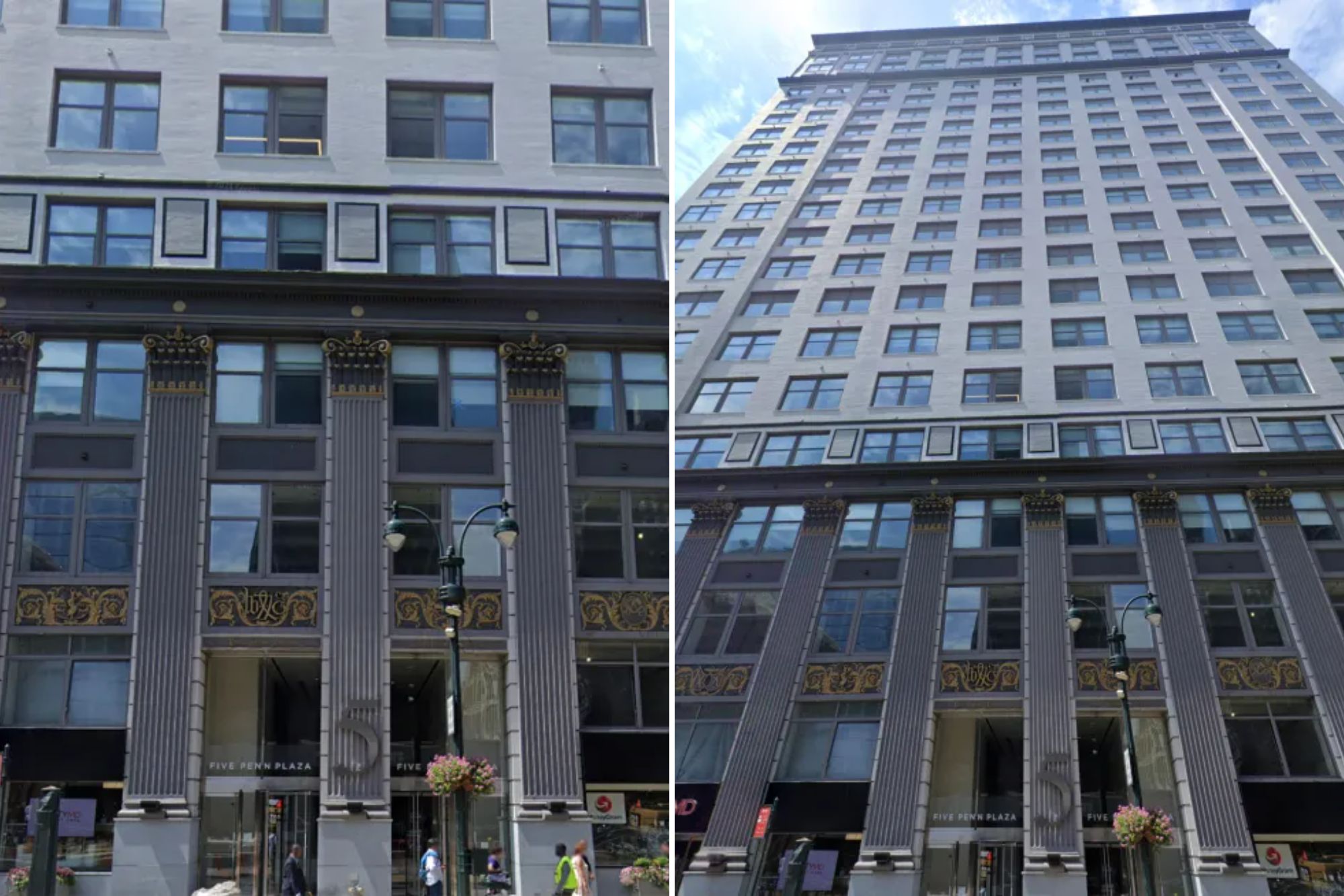 Iconic New York City high-rise building exterior with renovated lobby and new signage.