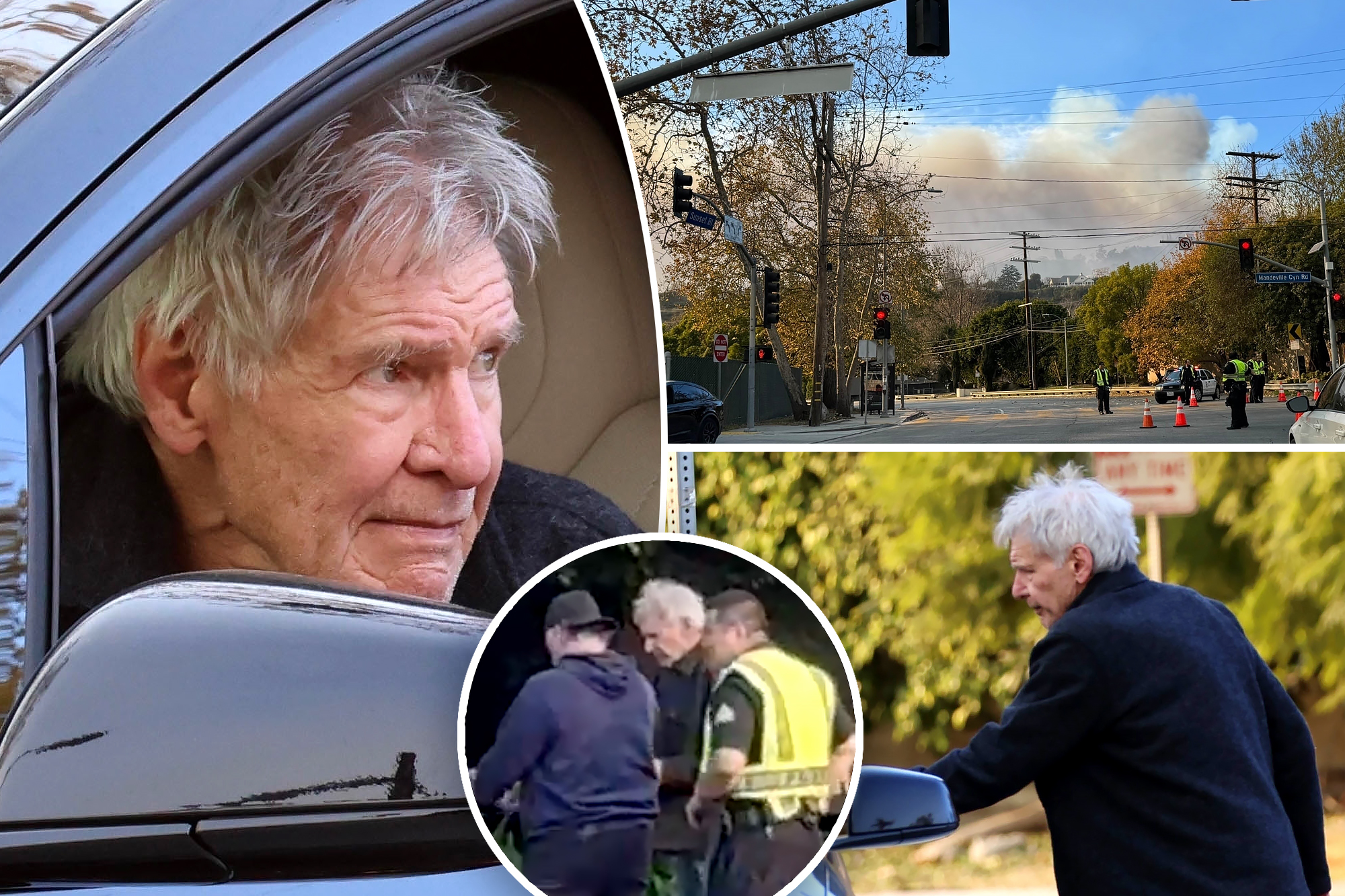 Harrison Ford drives through Palisades Fire area to his Brentwood home.