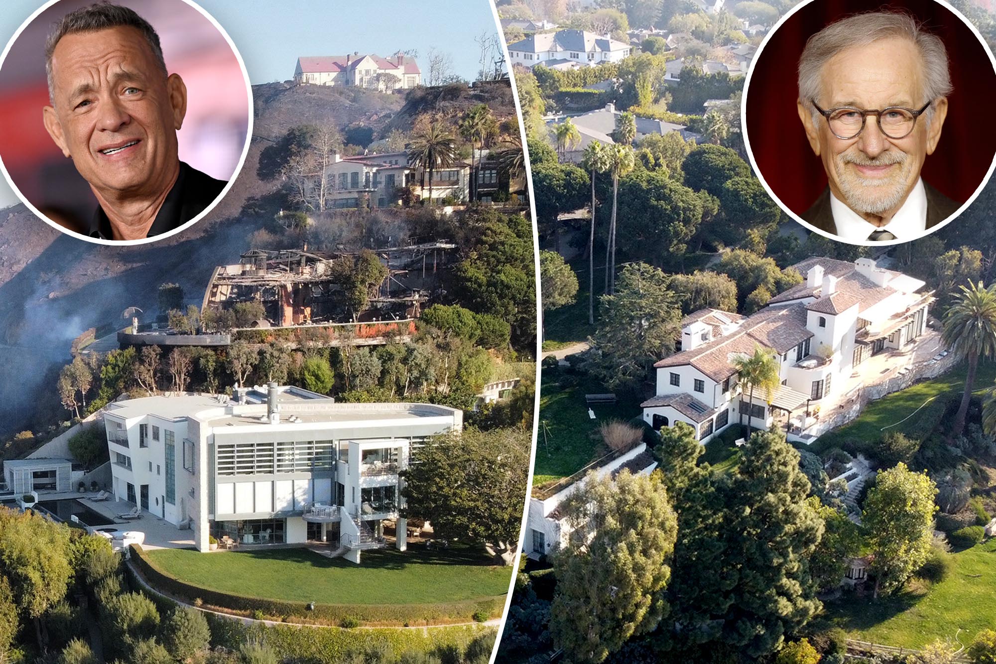 LA wildfire spares homes of Tom Hanks and Steven Spielberg in Hollywood.