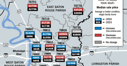 Baton Rouge home price map projections for 2023-2024, Louisiana real estate trends.