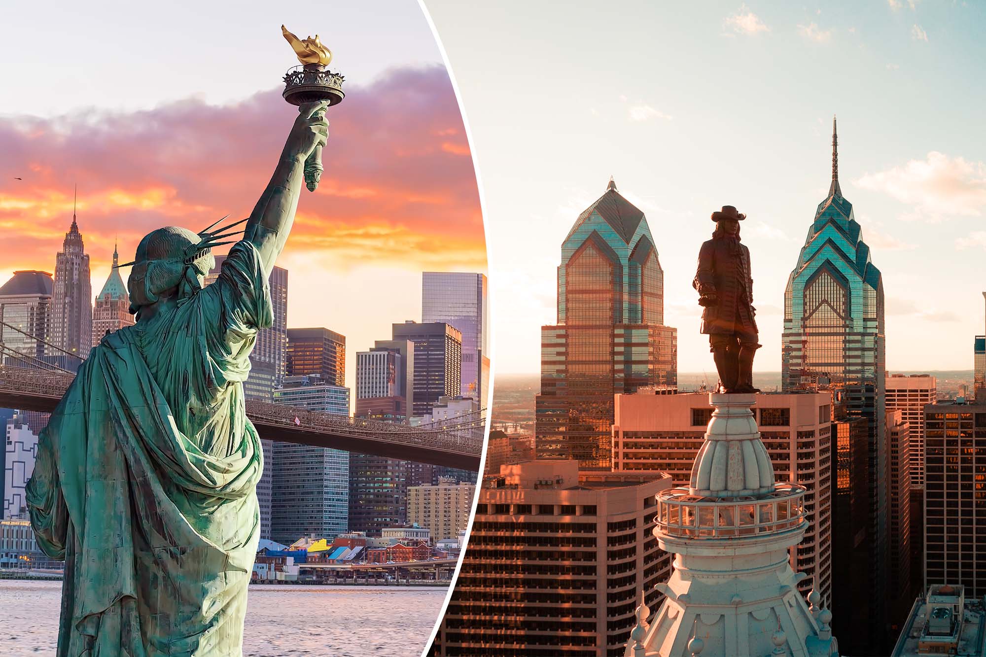 Philadelphia skyline with iconic landmarks, surpassing New York City in popularity.