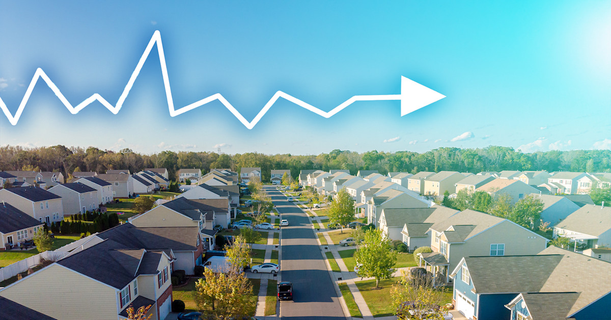 Housing market graph with flat line, mortgage professionals discussing revival strategies in office.