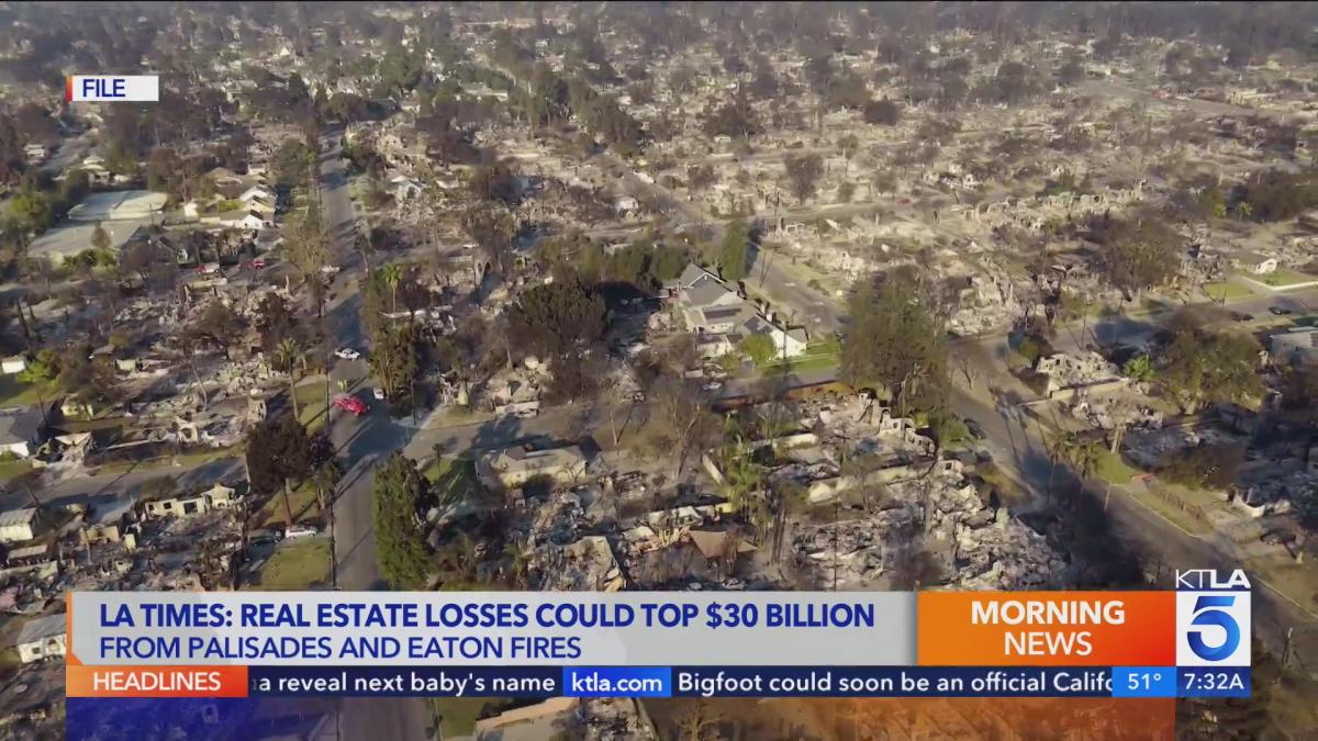 Wildfires in Eaton and Palisades areas cause massive real estate losses, estimated $30 billion.