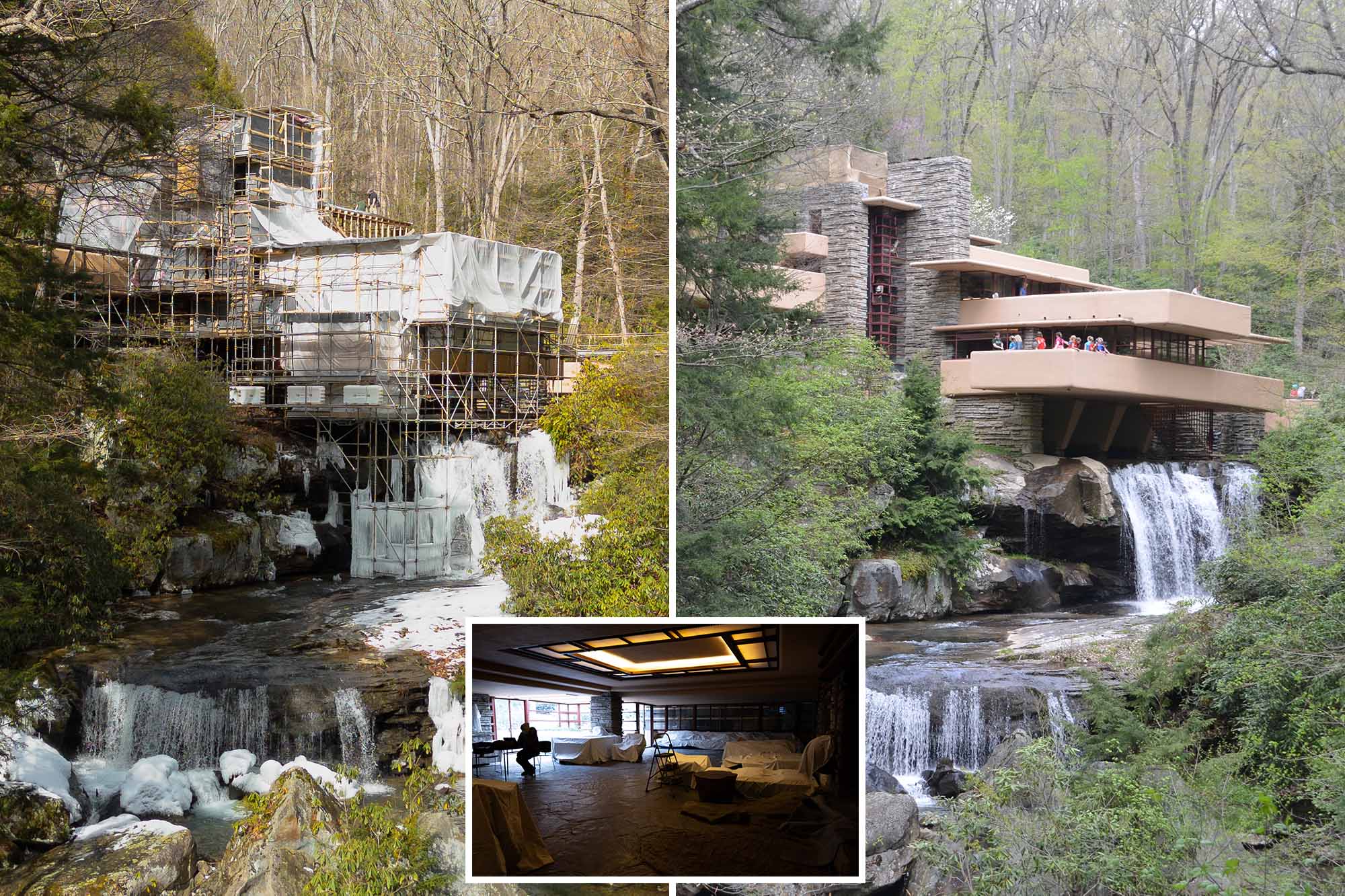 Fallingwater house, Frank Lloyd Wright's famous Pennsylvania residence, structural integrity concerns.