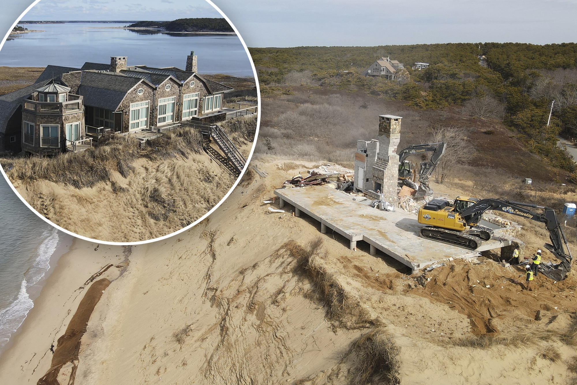 Dramatic demolition of Cape Cod Bay home on verge of collapse.