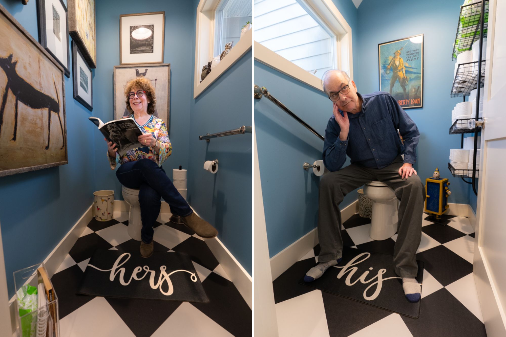 Husband and wife laughing together in bathroom, overcoming marital challenges with humor.